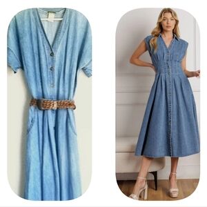 Vintage Button-up Denim Maxi Dress With Pockets
